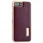Genuine Leather Back+Aluminum Metal Bumper Case Cover For iPhone 7 Plus 5.5 inch - Gold&Wine Red