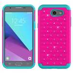 Case For Samsung Galaxy J3 Emerge Cover Hard Rubber Hybrid Diamond Bling Phone Skin - Hot Pink&Teal