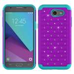 Case For Samsung Galaxy J3 Emerge Cover Hard Rubber Hybrid Diamond Bling Phone Skin - Purple&Teal