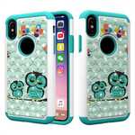 Crystal Bling Diamond Hybrid Armor Defender Dual Layer Shockproof Case Cover for iPhone X - Owl