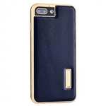 Genuine Leather Back+Aluminum Metal Bumper Case Cover For iPhone 8 Plus 5.5 inch - Gold&Dark Blue