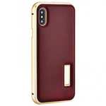 Aluminum Metal Bumper Frame Case+Real Genuine Cow Leather Back Cover for iPhone XS / X - Gold&Brown