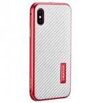 Aluminum Metal Bumper Frame Shockproof Case+Carbon Fiber Back Cover For iPhone XS / X - Red&Silver