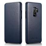 ICARER Luxury Series Genuine Leather Side-Open Folio Flip Case Cover for Samsung Galaxy S9 - Dark Blue