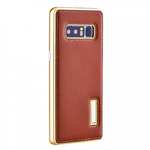 Aluminum Metal Bumper Genuine Leather Kickstand Case for Samsung Galaxy Note 8 - Gold&Brown
