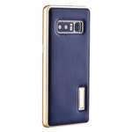 Aluminum Metal Bumper Genuine Leather Kickstand Case for Samsung Galaxy Note 8 - Gold&Dark Blue