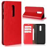 For OnePlus 6 Crazy Horse Genuine Leather Case Flip Stand Card Slot - Red