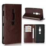 For Sony Xperia XZ2 Premium Crazy Horse Genuine Leather Case Flip Stand Card Slot - Coffee