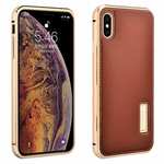 Aluminum Metal Genuine Leather Case for iPhone XS Max - Gold&Brown