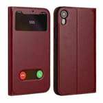 Luxury Double Window Genuine Leather Flip Case for iPhone XR - Wine Red