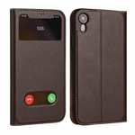 Luxury Double Window Genuine Leather Flip Case for iPhone XR - Brown
