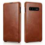 For Samsung Galaxy S10 Plus ICARER Curved Edge Vintage Series Genuine Leather Flip Case - Brown