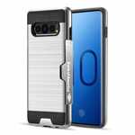 For Samsung Galaxy S10E Case Card Holder Slot Shockproof Dual Layer Brush Matte Cover - Silver