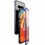 For Samsung Galaxy S10 Magnetic Adsorption Metal Frame + Tempered Glass Back Case - Blakc&Blue