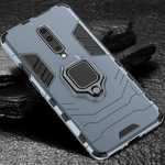 For OnePlus 7 Pro Case, Hard Magnetic in Car Bracket Case Finger Ring Back Stand Cover - Navy Blue