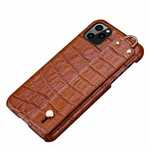 For iPhone 11 Pro Max Genuine Leather Case Crocodile Bracelet Holder Cover - Brown