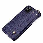 For iPhone 11 Pro Max Genuine Leather Case Crocodile Bracelet Holder Cover - Navy Blue