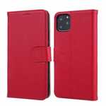 Real Genuine Cowhide Litchi Grain Leather Flip Case For iPhone 11 Pro Max - Red