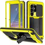 For Samsung Galaxy S25 Ultra Shockproof Metal Case Heavy Duty Military Grade Dustproof Rugged Cover with Kickstand - Yellow