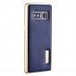 Aluminum Metal Bumper Genuine Leather Kickstand Case for Samsung Galaxy Note 8 - Gold&Dark Blue - Click Image to Close